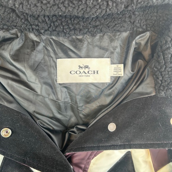 COACH Puffer Jacket Women's Winter Coat Burgundy Zigzag Sherpa Hood Cozy - Picture 4 of 6